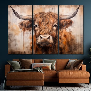 Cute Highland Cow Canvas Print Oil Painting Print on Canvas Charming Rustic Farmhouse Cattle Art for Wall Decor Scottish cow Canvas Wall Art