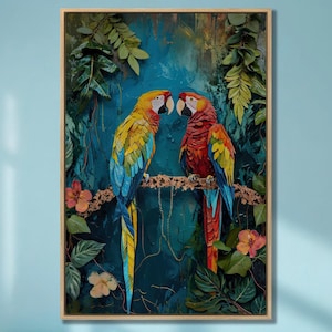 Impresión de pintura de loro colorido, lienzo abstracto de pájaros tropicales, arte de pared, retrato de pareja de loros vibrantes, decoración, arte de aves exóticas, decoración de habitación de niños