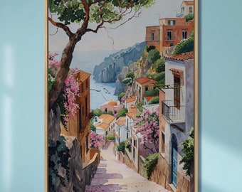 Mediterranean Village Canvas Wall Art Coastal View Watercolor Painting Print Quaint Architecture Poster Vertical Summer Decor Ready to Hang
