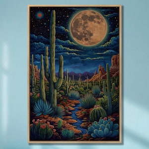 Impresión de pintura mágica de noche de luna llena en el desierto, cactus vibrantes, cielo estrellado, lienzo, arte de pared, paisaje místico surrealista, decoración lista para colgar