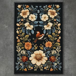 Beautiful Floral and Bird Art - Framed Canvas Print, Canvas Wall Art, Botanical Artwork, Flower Painting, Ready to Hang Bedroom Wall Decor