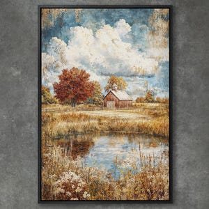 Countryside Charm Framed Canvas Print - Barn Art in Autumn Scene, Rustic Farmhouse Style, Large Wall Art for Bedroom Decor, Ready to Hang