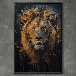 Pintura al óleo con retrato de león dorado enorme, impresión de un depredador fuerte, lienzo para pared, decoración oscura para apartamento, aspecto regio, decoración de pared con animales salvajes
