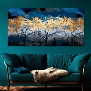 Mesmerizing Night Forest Abstract Painting Print Panoramic Nature Golden Trees Against the Backdrop Dark Dense Woods Canvas Wall Art Decor