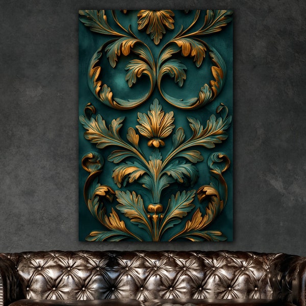 Floral Vintage Canvas Wall Art Baroque Elements Plants Petals Print Teal Gold Ornamental Decor Classic Design Entryway Ready to Hang