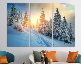 Winter Snowy Forest and Carpathian Mountains Painting Canvas Wall Art Forest Wall Decor Winter Trees Canvas Wall Hangings Wild Forest Art