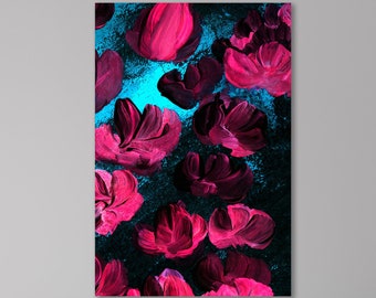 Abstract Vibrant Magenta Flowers Painting Print Black Turquoise Background Canvas Wall Art Artistic Blossom Decor Contemporary Ready to Hang