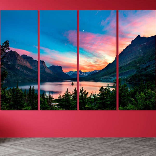 Colorful Sunset Mary Lake in Glacier national park Canvas Wall Art Lake Print Art Canvas print Sunset nature scenery Mary Lake Nature Poster