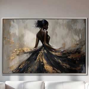 Hermosa mujer vestida, lienzo, arte de pared, pintura abstracta en negro y dorado, impresión, decoración de pared femenina, obra de arte de moda moderna, lista para colgar, regalo