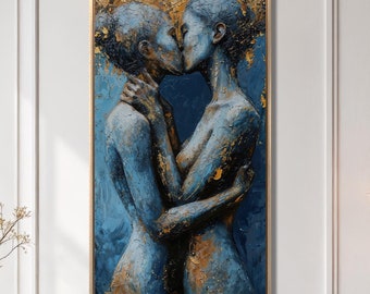 Embracing Lesbian Couple Canvas Art, Blue Golden Painting