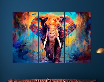 Impression d'art mural sur toile éléphant coloré Peinture éléphant coloré portrait animalier vibrant, lumineux et coloré Très grande oeuvre d'art murale