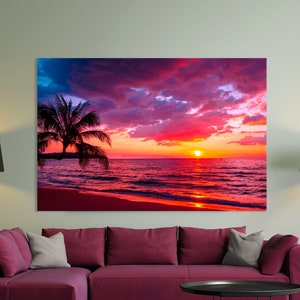 Beautiful sunset Canvas Wall Art tropical beach with palm tree and pink sky for travel and vacation in holiday relax time Ocean Sunset