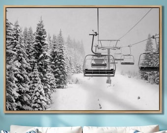 Ready to hang Ski Lift Wall Art Snow Covered Spruce Trees Ski lift Canvas Snowy Mountains Landscape Mountains Wall Art Skier Gift