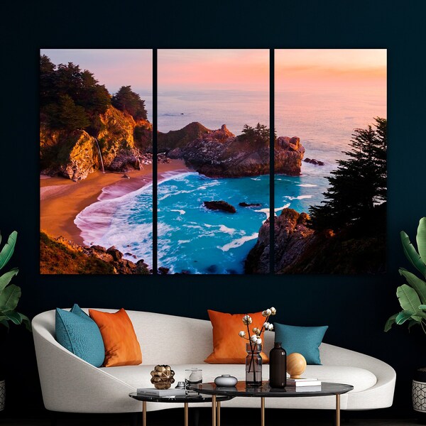 View of McWay Falls at Julia Faffer Burns Big Sur Canvas Wall Art California Pacific Coast Large Wall Decor Mountains and Beach Canvas Print