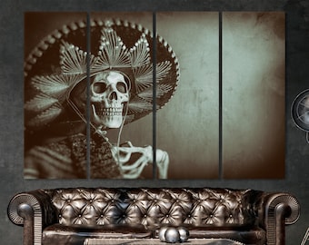 Mexican Bandit Skeleton Mexican sombrero and a poncho Canvas Wall Art Mexican Painting Skull Art Mexican Ethnic Art Print Day of the Dead