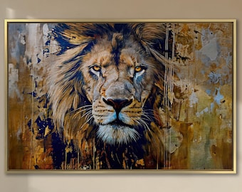 Huge Strong Lion Oil Painting Print Canvas Animal Gold Black Colors Canvas Wall Art Royal Mane Art Yellow Eyes Wall Art Decor for Game Room