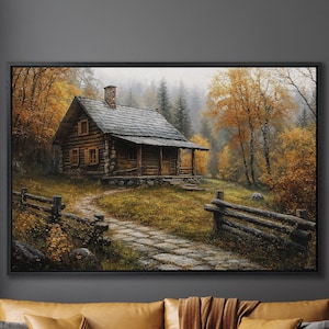 Cozy Autumn Cabin in Forest - Woodland Scene Framed Canvas Print, Large Wall Art - Cottagecore Country Decor, Ready to Hang, Gift for Dad
