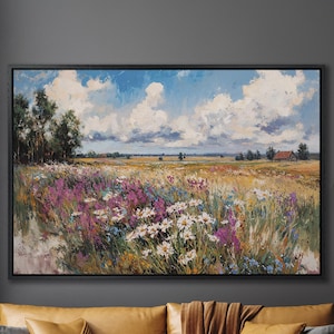 Rustic Country Landscape with Wildflowers - Framed Canvas Print, Large Wall Art, Bedroom Decor, Ideal for Nature Lover Gift, Ready to Hang