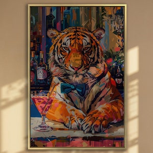 Lienzo abstracto colorido con diseño de tigre, arte de pared con rayas, animal en un bar con bebida, pintura impresa, decoración surrealista, regalo de inauguración de la casa, listo para colgar