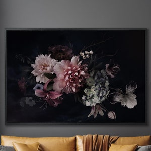 Flowers Canvas Print Floral Canvas Wall Art Floristic Painting Print Peony bouquet Botanical Print Peonies print Dark Floral wall art