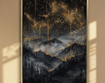 Mountain Landscape Canvas Wall Art Abstract Gold and Black Starry Night Sky Painting Print Pine Forest Silhouette Decor Ready to Hang