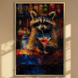 Lienzo de mapache antropomórfico en bar, arte de pared, animal humorístico con pintura de cóctel, impresión abstracta, regalo para ella, listo para colgar