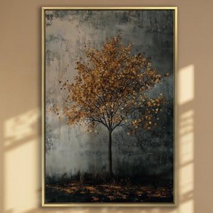Lienzo con árbol solitario y hojas doradas, arte de pared, pintura de paisaje otoñal, decoración de pared para sala de estar, póster artístico de naturaleza otoñal listo para colgar