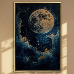 Abstract Moon and Cosmic Sky Canvas Wall Art Starry Moonlight Night Painting Print Celestial Wall Decor Blue and Gold Artwork Ready to Hang