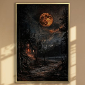 Cuadro de cabaña serena a la luz de la luna, impresión de lienzo de cielo estrellado de granja, arte de pared, decoración de cabaña de madera rústica, póster de pinos imponentes listo para colgar