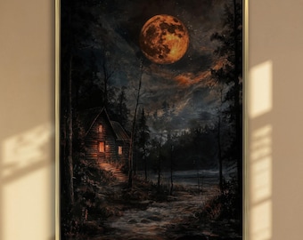 Serene Moonlit Cabin Painting Print Farmhouse Starry Skies Canvas Wall Art Rustic Wooden Hut Decor Towering Pines Poster Ready to Hang