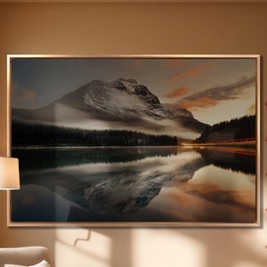 Mountain lake and fog at sunset in Banff National Park Canada Canvas Wall Art Banff Wall Decor Canada Poster Print Canada landscape Giclee