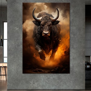 Black Angry Bull Canvas Wall Art Powerful Running Bull Striking Wall Decor Bull Wall Art Print Extra Large Wall Art Animal Print decor angry