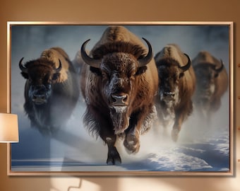 Herd of Buffalo Running Through a Snowy Field Canvas Wall Art Wild Animal For Farmhouse Wall Art Decor Bison Rustic Decor Large Canvas Art
