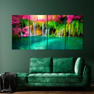 Exotic waterfall and lake panorama landscape of Plitvice Lakes waterfall located in central Croatia Waterfall Wall Decor Large Nature Canvas