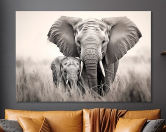 Impression sur toile Animaux dans l'herbe Art mural noir et blanc Famille Éléphants d'Afrique, bébé et maman Art déco mural sur toile pour chambre d'enfant