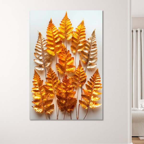 Golden Leaves Collection Canvas Wall Art Elegant Autumn Leaf Arrangement Print Warm Fall Colors Poster Botanical Decor Ready to Hang