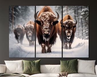 Wildlife Art Herd of Bison Large Canvas Wall Art Wild Animal in the Snow Decor Farmhouse Canvas Print Rustic Buffalo Housewarming Gift