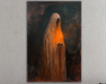 Abstract Ghostly Painting Print Spooky Art Candle Canvas Wall Art Creepy Haunting Wall Decor Surreal Enigmatic Figure Art Halloween Wall Art