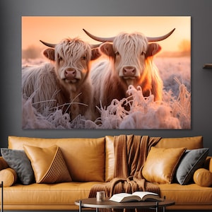 White Scottish Highlanders Wall Art Decor Highland Cow Farmhouse Canvas Wall Art Beautiful Big Horned Animals Rustic Farm Canvas Print