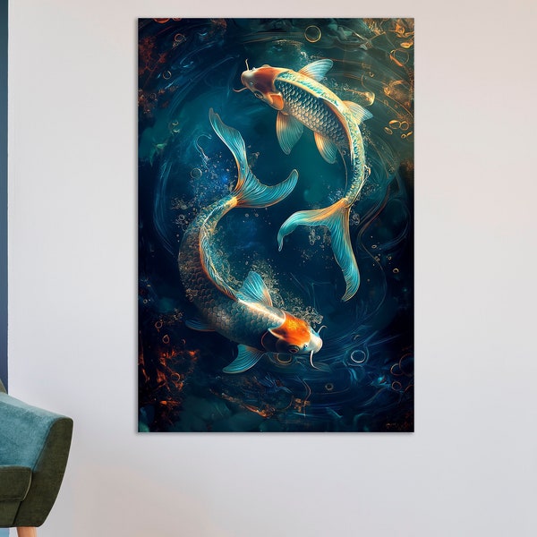 Peinture de poissons koi dans un étang, impression de Yin Yang, charmants poissons, toile d'art mural, monde sous-marin abstrait, décoration harmonie et équilibre, prêt à accrocher