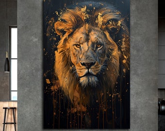 Énorme portrait de lion doré, peinture à l'huile, impression d'art mural sur toile de prédateur puissant, décoration sombre pour appartement, apparence majestueuse, décoration murale d'animal sauvage