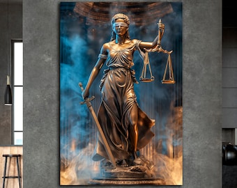 Oeuvre d'art murale sur toile Lady Justice Principes juridiques Themis, les yeux bandés, tenant une épée, statue imprimée, décoration de bureau d'avocat, cadeau Awyer, prêt à accrocher