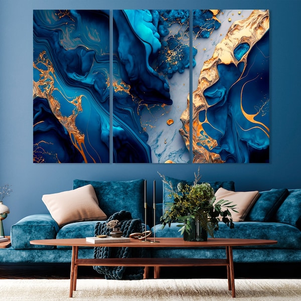 Blue Gold canvas wall art print Navy Blue Canvas Golden Textured Art Blue gold decor Marble canvas Blue And Gold Marble Abstract Wall Art