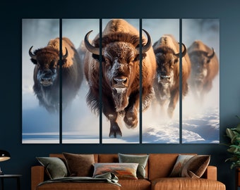 Herd of Buffalo Running Through a Snowy Field Canvas Wall Art Wild Animal For Farmhouse Wall Art Decor Bison Rustic Decor Large Canvas Art