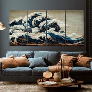 Canvas Print The Great Wave Off Kanagawa Great blue ocean wave Japanese vintage style Japanese wall art Katsushika Hokusai Large canvas art