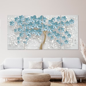 Blossom Tree Canvas Blue Flowers Wall Art Floral Decoration Print Pastel Colors Golden Accents Decor Elegant Style Poster Ready to Hang