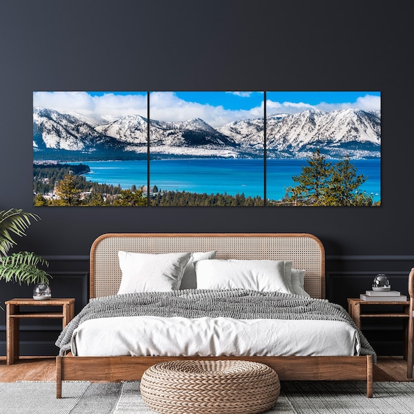 Panoramic View of Lake Tahoe Canvas Wall Art Snow Covered Sierra Mountains Wall Art Decor Nevada in North America Canvas Travel Print