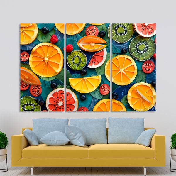 Vibrant Fruit Canvas Wall Art Abstract Citrus Slices Painting Print Colorful Kiwi and Berry Poster Summer Vibes Large Decor Ready to Hang