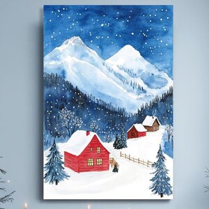 Snowy Mountain Cabins Canvas Wall Art Winter Landscape Watercolor ...