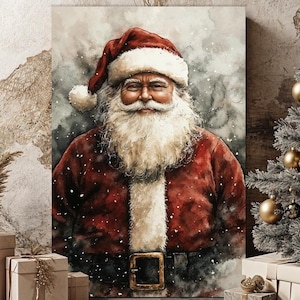 Classic Santa Claus Portrait Canvas Wall Art Traditional Holiday Painting Print Vintage Christmas Decor Festive Winter Poster Ready to Hang